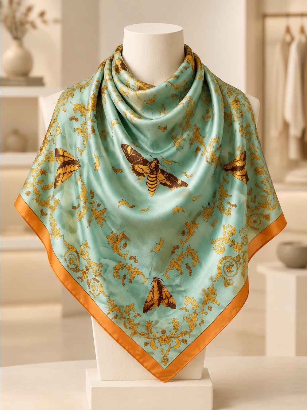 100% fine silk scarf with Gold Moth & filigree Print on blue green background
